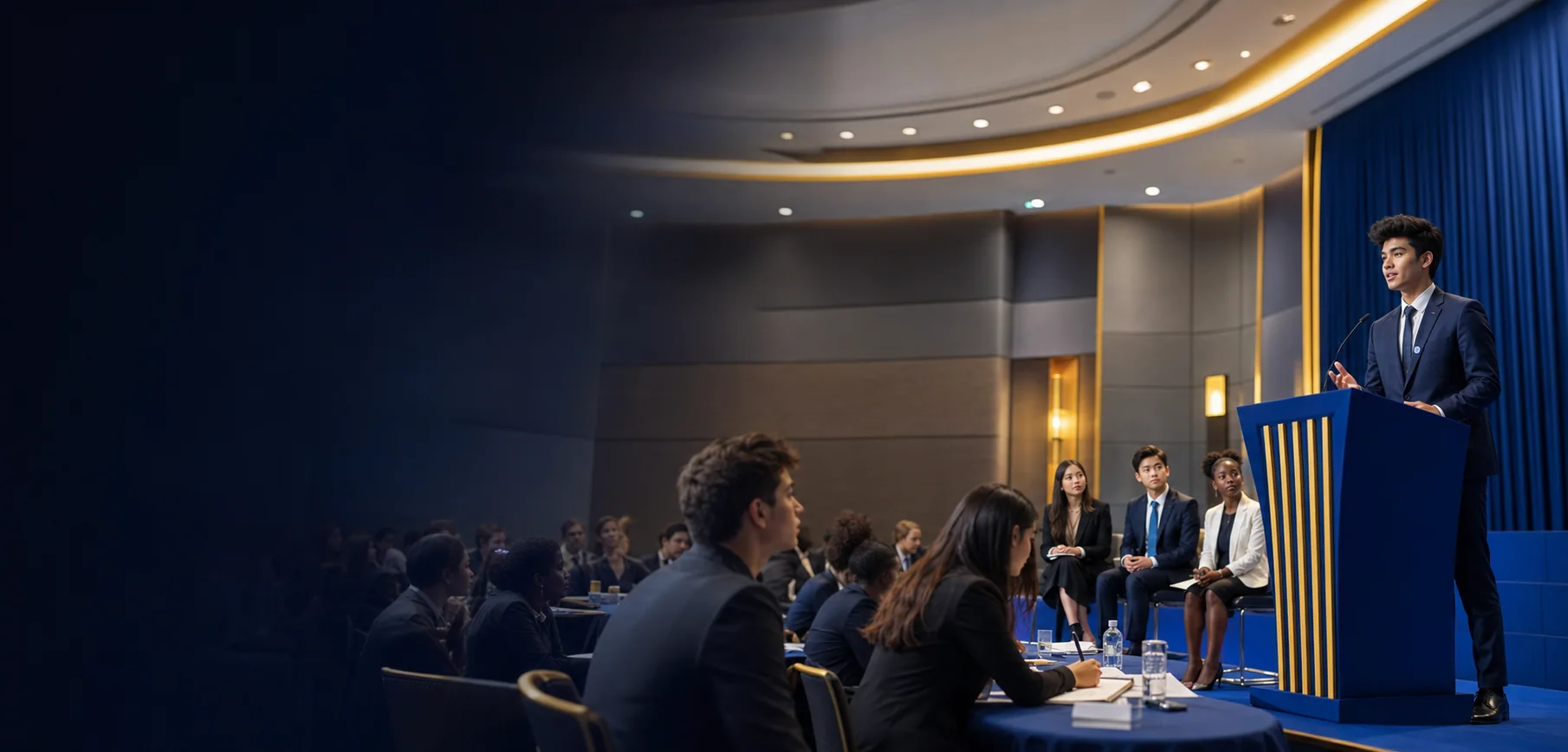 Young international speaker addressing a diverse educational forum
